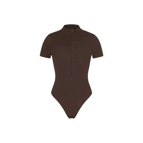 SKIMS Бесшовный Sculpt ZIP Передняя часть T Рубашка Стринг Комбинезон BODYSUIT Женские Эспрессо Темный Кофейный Цвет