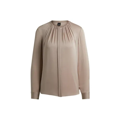Hugo Boss Ruched Шея Блуза из Эластичного Шелка Китайский Креп Рубашка Женская Светлый Бежевый