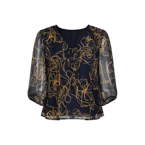 JZ. ANNAKRO Шифон Рубашка Женская Цветочный Темно-Синий