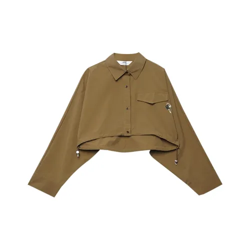 MUGUOGUOMU Весна Рубашка Короткий Женские Темный хаки