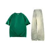 Комплект одежды (Топ из яшмы + Штаны желтого цвета с эффектом грязи)