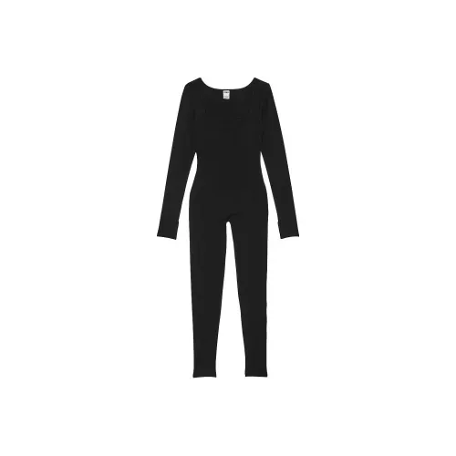Victoria's Secret Розовый Long Sleeve Square Neck Onesie Чисто черный Комбинезон Женские Чисто черный