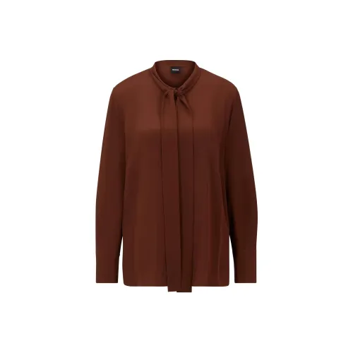 Hugo Boss Relaxed Fit Блузка из промытого шелка с воротником-галстуком женская коричневая