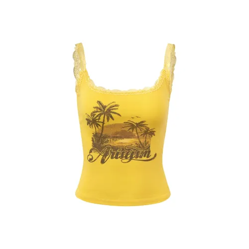 Ariseism Верхняя одежда Желтый Кружевная отделка Принт Топ на бретелях Новинка Топ Женские