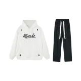 Комплект одежды (Белый свитшот + Черные штаны) с флисовой подкладкой