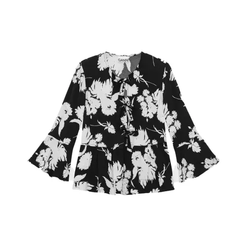 GANNI Печатный Crepe Peplum Blouse Рубашка Женские Черный