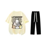 Комплект одежды (Бежевая Желтая Футболка + Черные Повседневные Штаны)