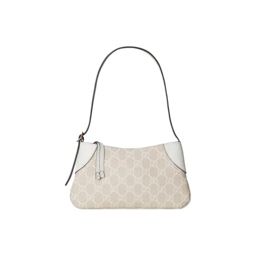 GUCCI GG Emblem Покрытый холст с кожаными вставками Сумка через плечо Маленькая Женская Бежевая и Белая