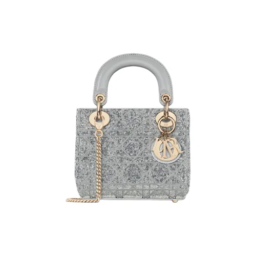 DIOR Lady Dior Шелк Одно плечо Сумка Мини Women's Silver
