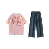 Комплект одежды (Розовый топ + Темно-синие штаны)