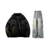 Black Jacket + Blue Workwear Pants  
Черная куртка + синие рабочие штаны