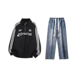 Комплект одежды (Черный свитшот + Темно-синие джинсы с эффектом вымытого)