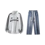 Комплект одежды (Белый Серый Свитшот + Темно-синие джинсы с эффектом вымытого)