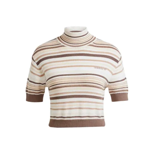 Adidas Укороченный Полосатый Водолазка Трикотаж Женский Серый Белый