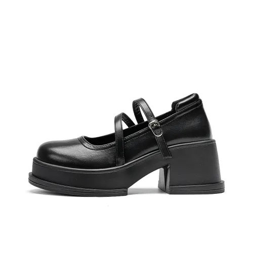 Warrior Квадратный каблук Туфли Мэри Джейн 7CM Женские Черные