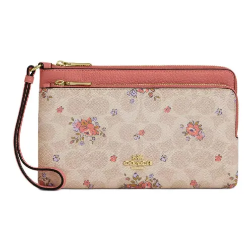 COACH Double Zip Wallet Покрытый холст с кожаными вставками Кошелек Маленький Женский Золотой Пляж Многоцветный