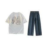 Комплект одежды (Белый Серый Топ + Темно-Синие Штаны)