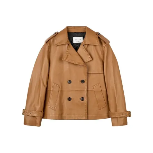 COACH SS24 Кожа Куртка Женская Светло-Коричневая