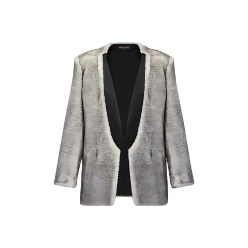 LOUIS VUITTON Сатин Отложной воротник Искусственный мех Блейзер Бизнес Костюм Женская Серебряная