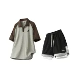 Оливково-зеленая рубашка с коротким рукавом + черные шорты