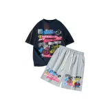 Темно-синий синий топ + серые штаны