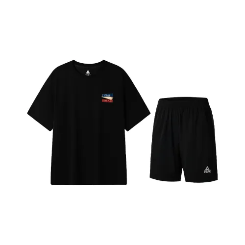 PEAK Бег Одежда Наборы Унисекс Черный Логотип Короткий Рукав Рубашка + Черные Шорты