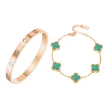 Зеленый браслет с четырехлистным клевером, многослойный (розовое золото)