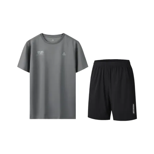 PEAK Повседневная спортивная одежда Унисекс Серый Короткий рукав Рубашка + Черные шорты