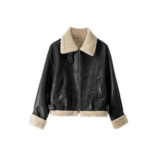SISILYON STUDIO Кожа Куртка Женская Черный и Хаки и Хаки