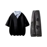 Черная рубашка с короткими рукавами + черные штаны