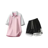 Розовая короткая рукавная рубашка + черные шорты