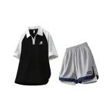 Чёрная короткая рукавная рубашка + светло-серые шорты