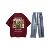 Комплект одежды (Бордовый с коротким рукавом + Темно-синие джинсы)