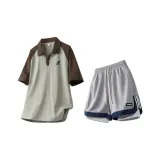 Оливково-зеленая рубашка с коротким рукавом + светло-серые шорты