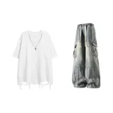 Белый короткий рукав топ + синие джинсы