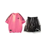 Розовая короткая рукавная рубашка + черные шорты