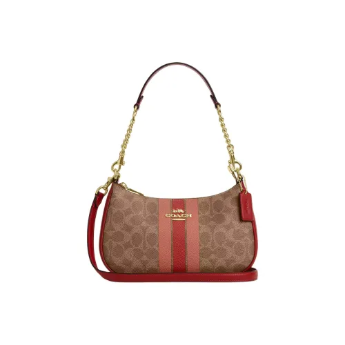 COACH Teri Покрытый холст Сумка через плечо средний размер женский коричневый и красный