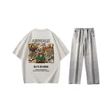 Комплект (Серая-Белая рубашка с коротким рукавом + Светло-синие джинсы)