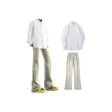 Белая длинная рубашка с длинными рукавами + желтые джинсы с эффектом грязи