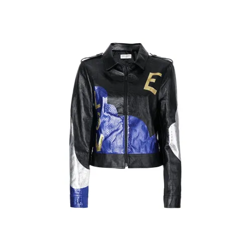 SAINT LAURENT Кожа Куртка Женская Синяя Черная Многоцветная