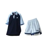 Темно-синяя рубашка с коротким рукавом + ледниково-синие шорты