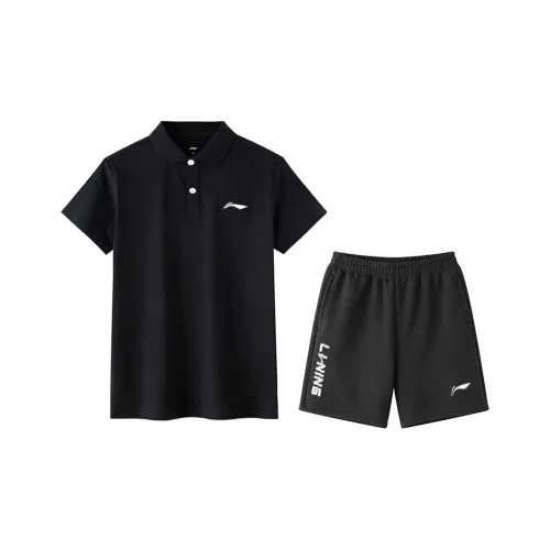 LiNing Серия Table Tennis Повседневная спортивная одежда Мужская Черная Короткий рукав Рубашка + Черные шорты