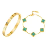 Зеленый браслет с четырехлистным клевером, многослойный (золото)