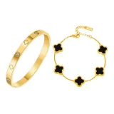 Черный браслет с четырехлистным клевером, многослойный (золото)