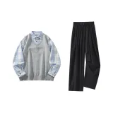 Серый + Светло-синий Рубашка + Черные Штаны