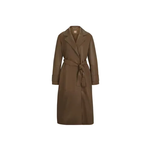 Hugo Boss Longline Belted Пальто из кожи наппа женское светло-янтарного цвета