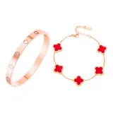 Красный браслет с четырехлистным клевером, многослойный (розовое золото)