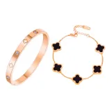 Черный браслет с четырехлистным клевером, многослойный (розовое золото)