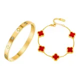 Красный браслет с четырехлистным клевером, многослойный (золото)