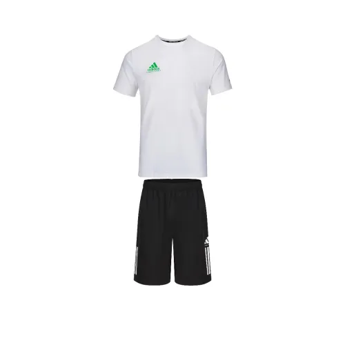 Adidas Повседневная Спортивная Одежда Мужская Комплект Белая Укороченная Рубашка с Короткими Рукавами с Зеленым Логотипом + Черные Шорты